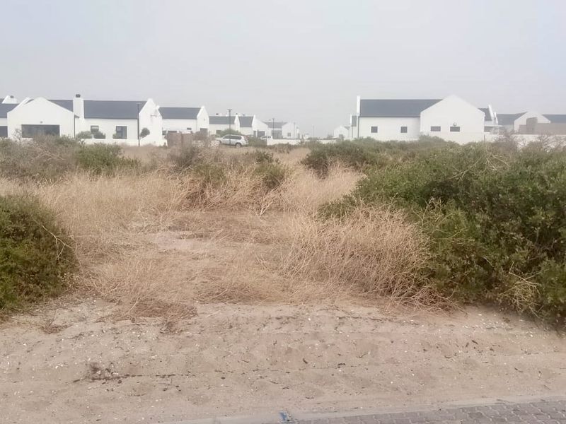 A vacant residential plot covered in natural coastal vegetation, situated within a developed estate with established white-walled homes in the background.