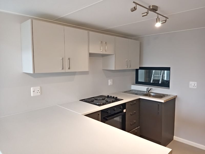 A clean, modern kitchen featuring neutral cabinetry, built-in electric oven and hob, stainless steel sink, and functional track lighting.