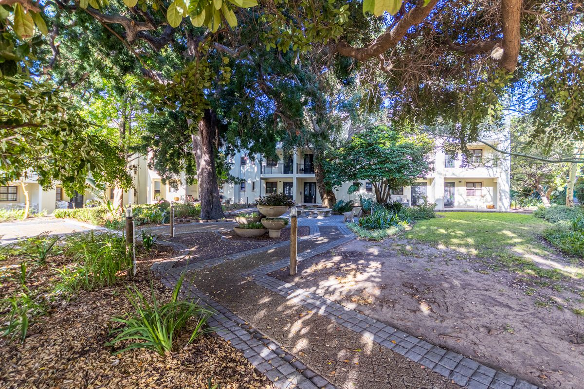A view of the apartment complex courtyard featuring mature trees, paved walkways, and established garden beds.