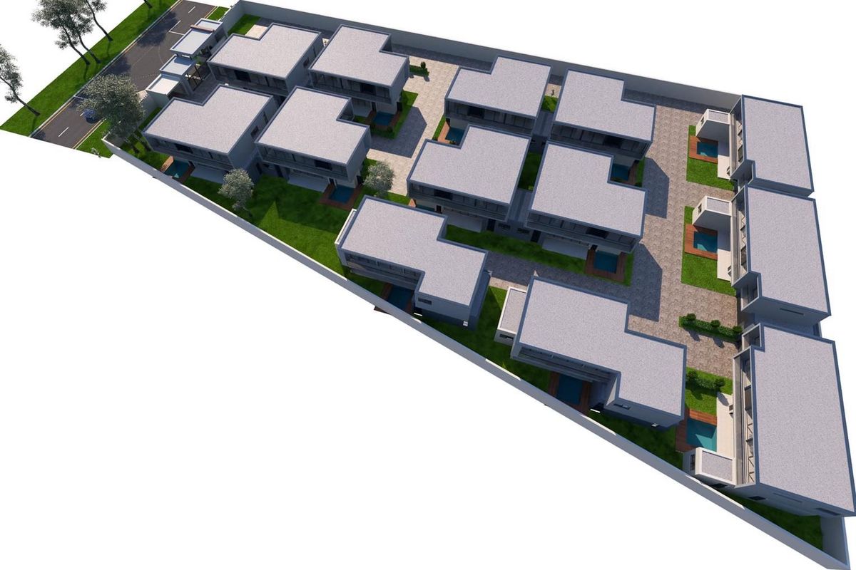 An aerial 3D architectural rendering of a residential housing development featuring multiple modern units, landscaped green spaces, and private pool areas.