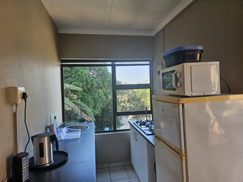 A compact kitchen featuring built-in cabinetry, a gas hob, and a sink, with a large window providing natural light and garden views.