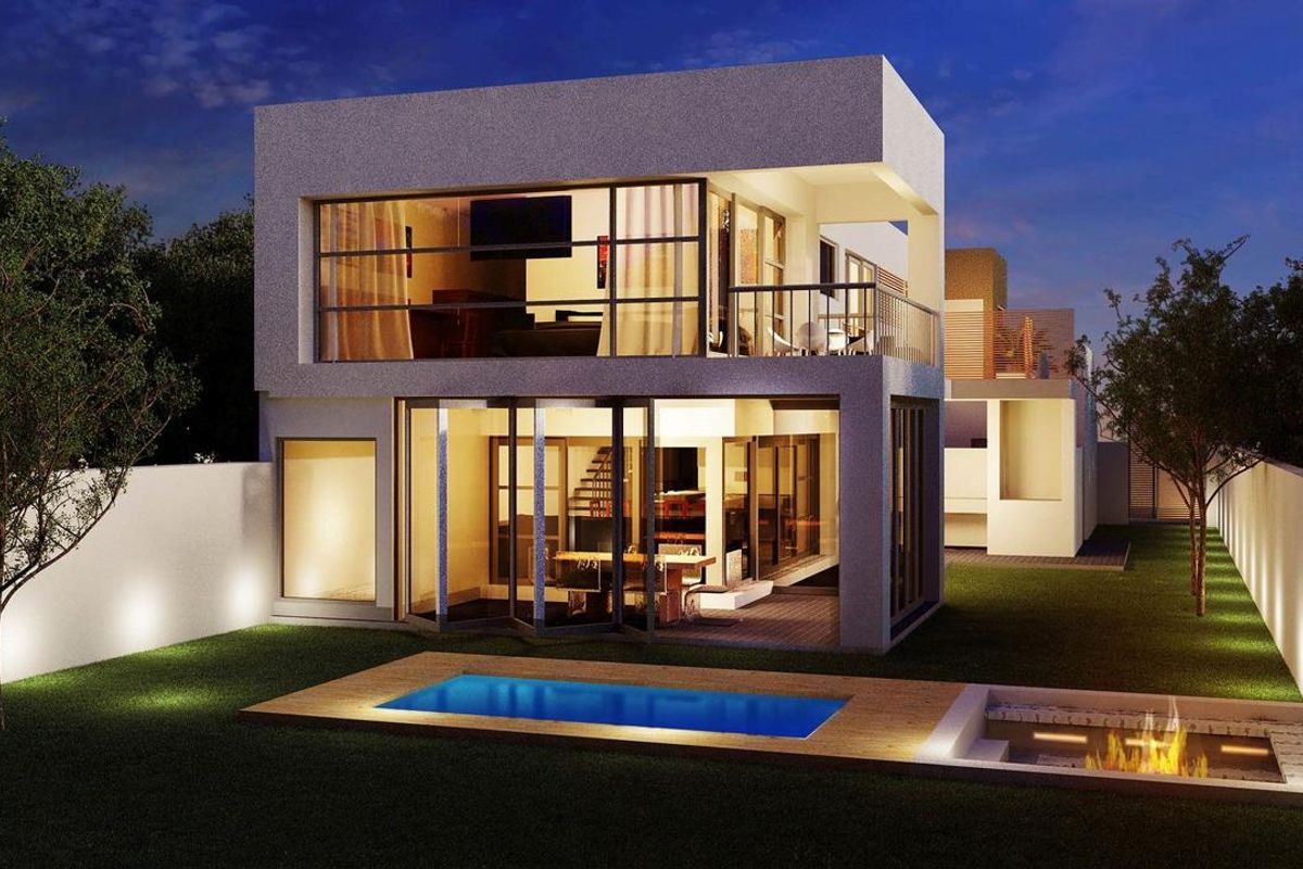 Modern double-story cluster home featuring a private swimming pool, sunken fire pit, and expansive glass sliding doors opening to a landscaped garden.