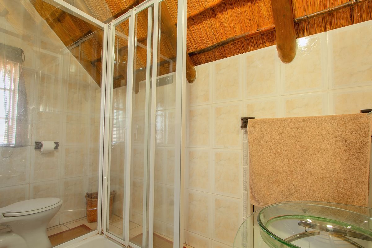 Bathroom featuring a shower enclosure, toilet, and glass vessel sink, highlighted by a rustic thatched roof and exposed timber beams.