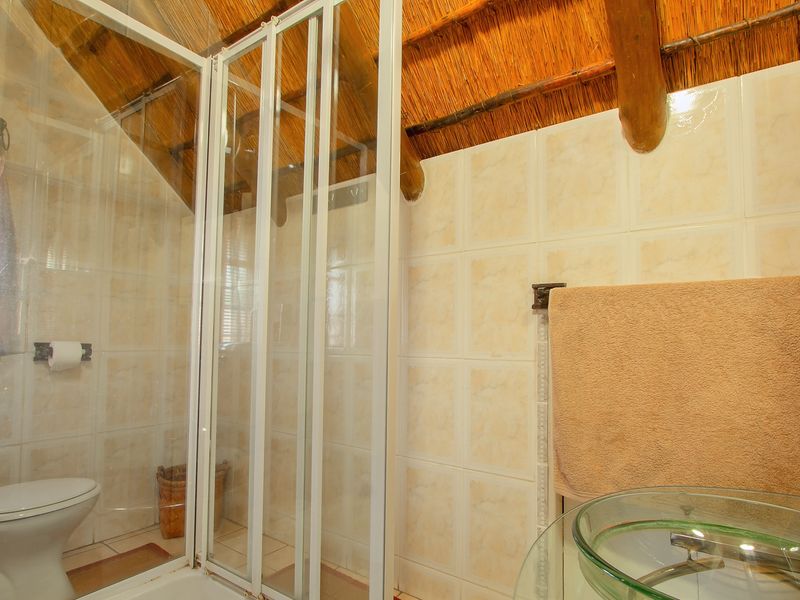Bathroom featuring a shower enclosure, toilet, and glass vessel sink, highlighted by a rustic thatched roof and exposed timber beams.