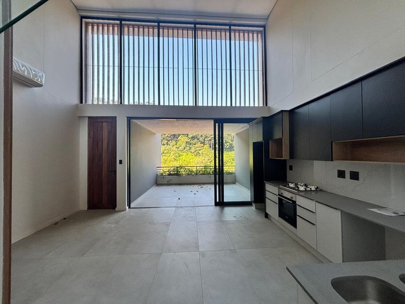 Modern open-plan kitchen and living area featuring double-height ceilings, sleek cabinetry, integrated appliances, and seamless flow to a covered patio with garden views.