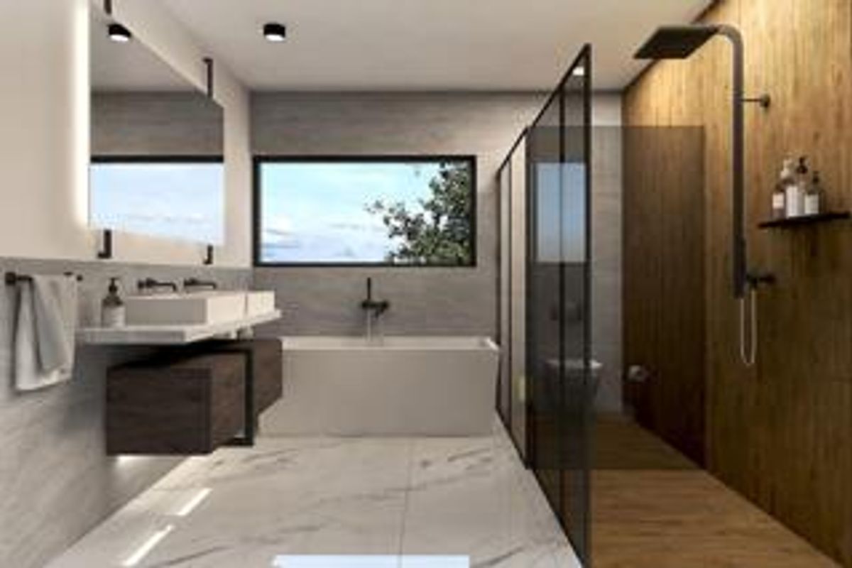 Modern bathroom featuring a floating double vanity, freestanding bathtub, and a spacious walk-in shower with wood-look tiling and black fixtures.