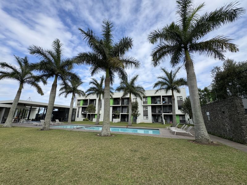 A well-maintained apartment complex pool area featuring a swimming pool, paved deck, landscaped lawn, and mature palm trees.
