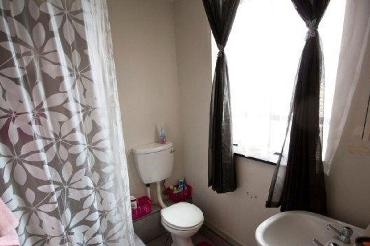 A functional bathroom featuring a standard toilet, pedestal basin, and a shower area with a curtain enclosure.