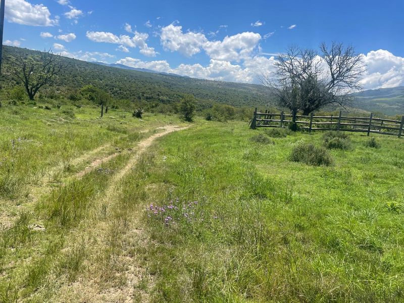 Expansive rural landscape view featuring rolling green hills, natural vegetation, a dirt access track, and traditional wooden post and rail fencing.