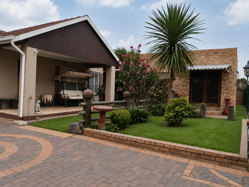 A well-maintained rear garden featuring a paved driveway, a covered patio area, and established landscaping with a brick-built structure.