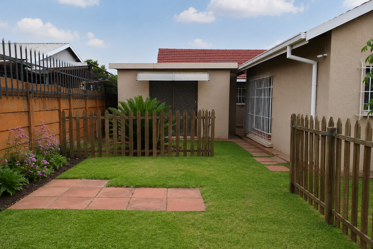 A well-maintained rear garden featuring a manicured lawn, paved walkway, wooden picket fencing, and secure access to the main dwelling.