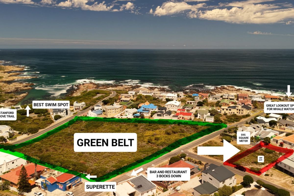 Aerial view of a 595 square meter residential plot located near the coast, adjacent to a green belt and local amenities.