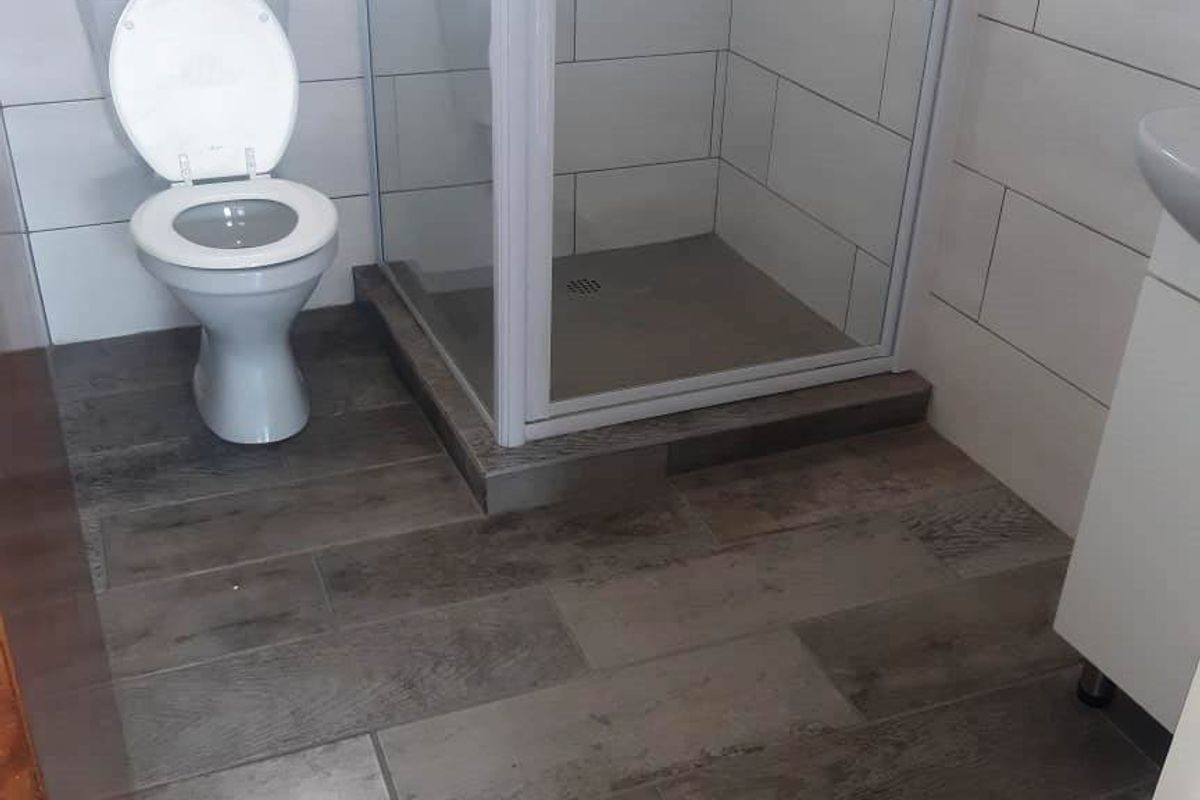 A modern bathroom featuring a glass-enclosed shower, a white toilet, and wood-look floor tiling.