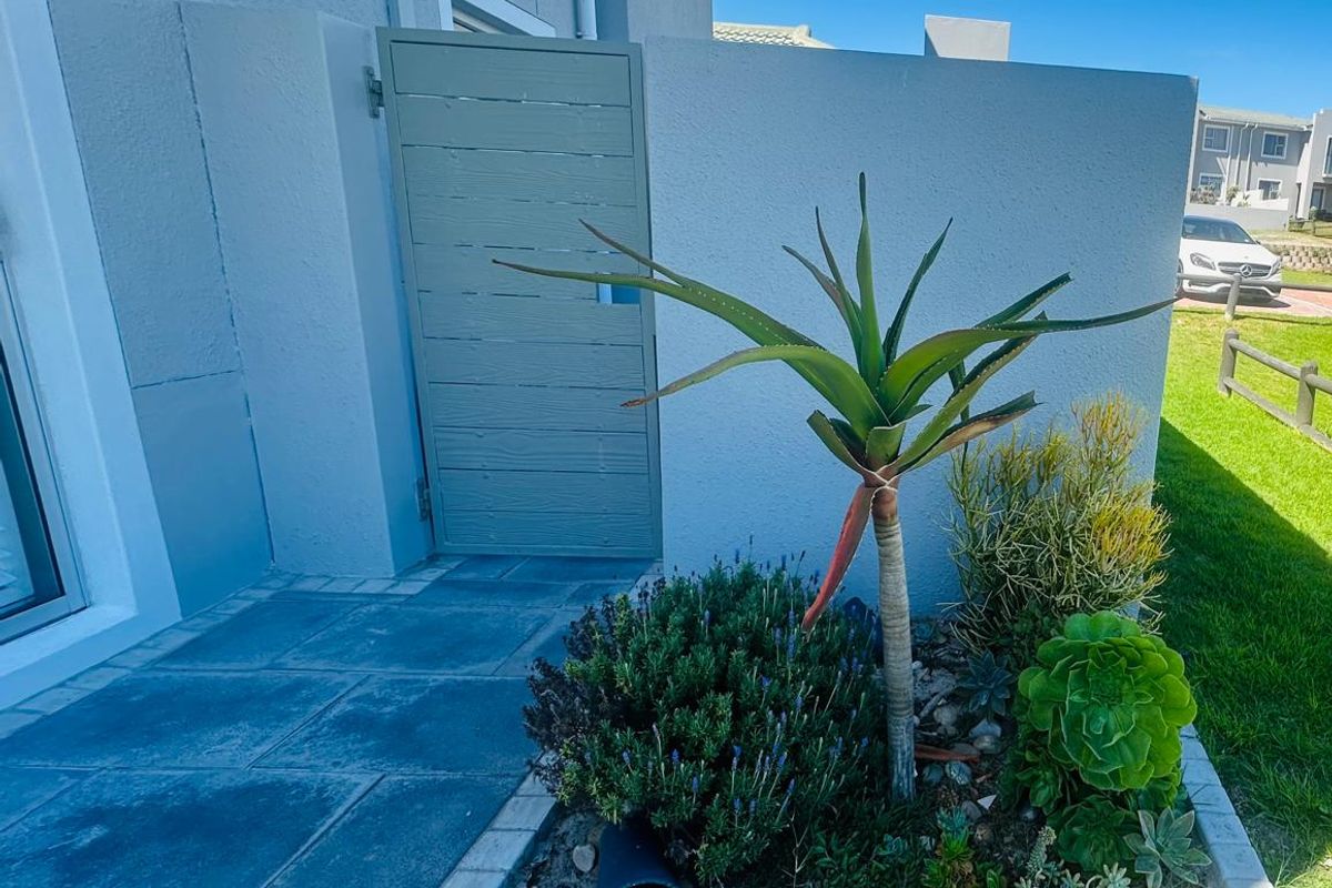 A neat rear exterior area featuring a paved patio, a landscaped garden bed with succulents, and a side access gate.