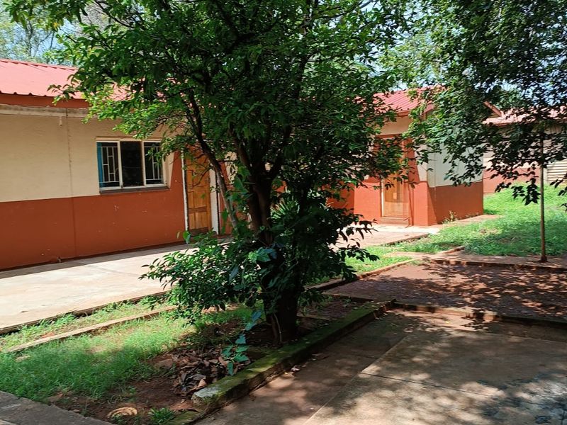 Rear view of the property showing a paved courtyard area, mature trees, and the exterior facade with metal roofing and security-barred windows.