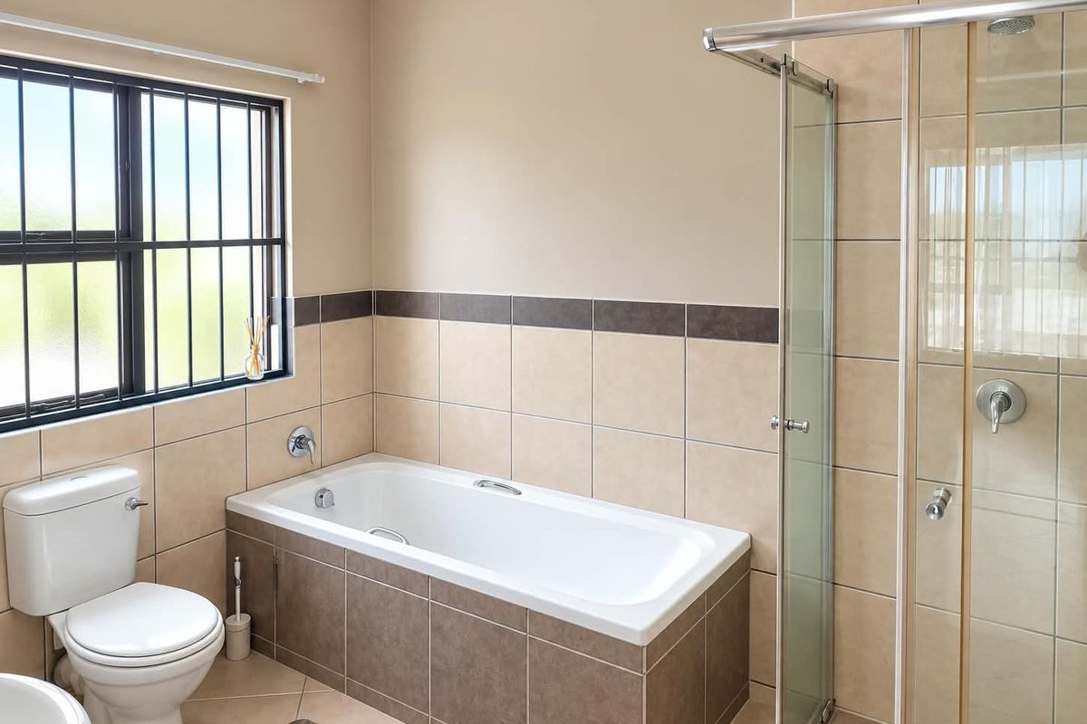 A clean, functional bathroom featuring a built-in bathtub, a separate glass-enclosed shower, and neutral ceramic tiling throughout.