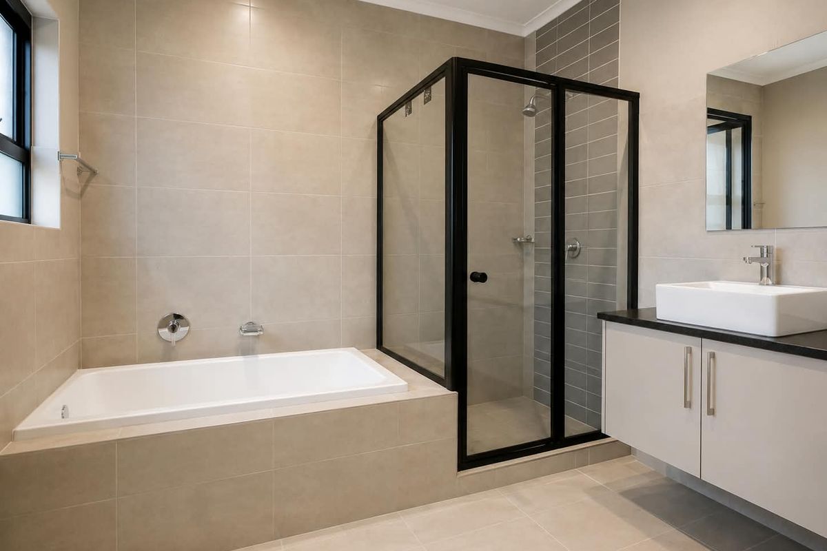 Modern bathroom featuring a built-in bathtub, a separate glass shower enclosure with black framing, and a sleek wall-mounted vanity with a basin.