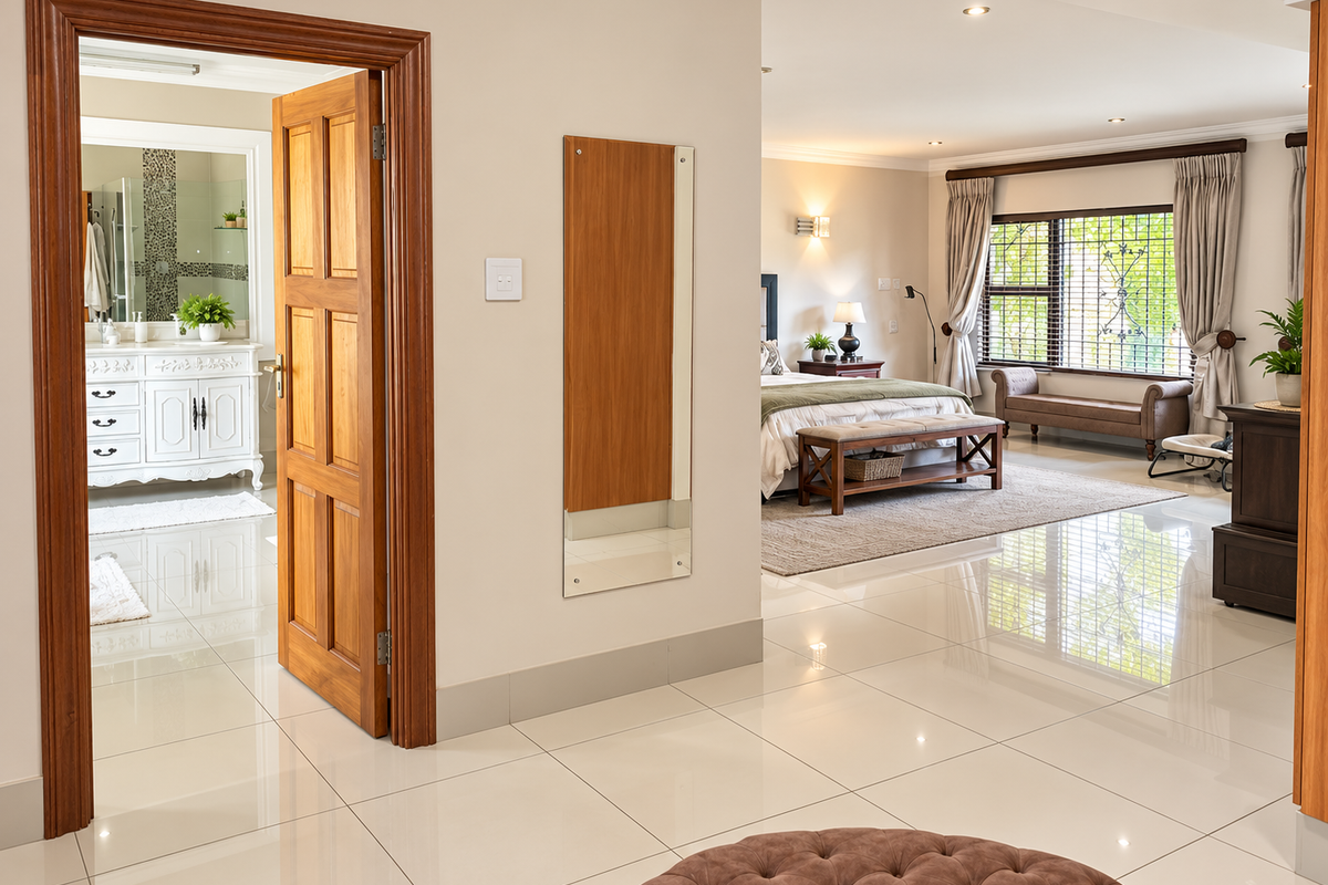 Spacious bedroom featuring polished porcelain floor tiles, recessed lighting, and an en-suite bathroom accessible through a solid wood door.