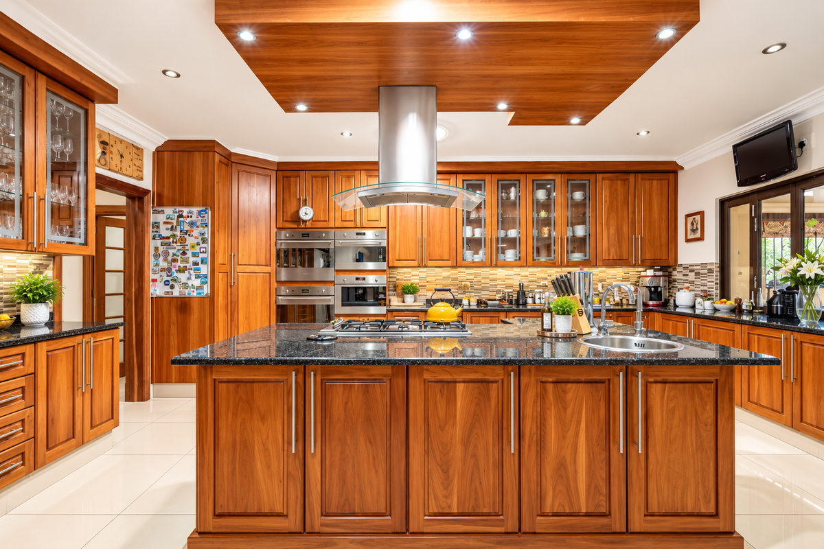 A well-appointed kitchen featuring warm wooden cabinetry, granite countertops, a central island with a gas hob, and integrated stainless steel appliances.