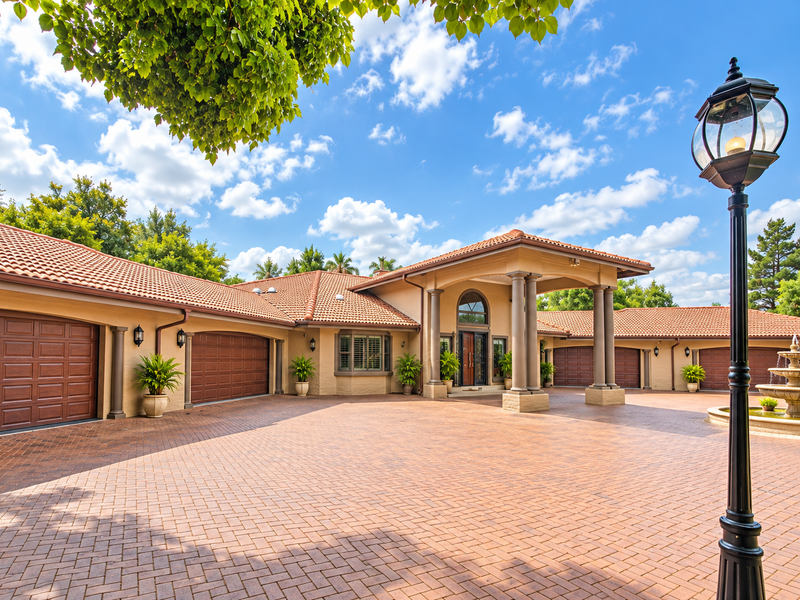 Spacious front exterior featuring a large paved driveway, triple garage, covered entrance portico with stone columns, and a decorative fountain.