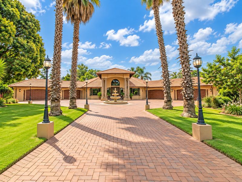 A grand front elevation of a small holding featuring a paved driveway, central water fountain, manicured lawns, and multiple garage bays.