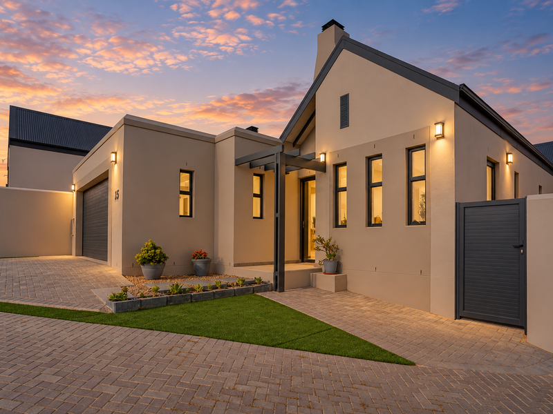 Modern single-story residence featuring a paved driveway, integrated garage, and contemporary architectural facade with exterior lighting at dusk.