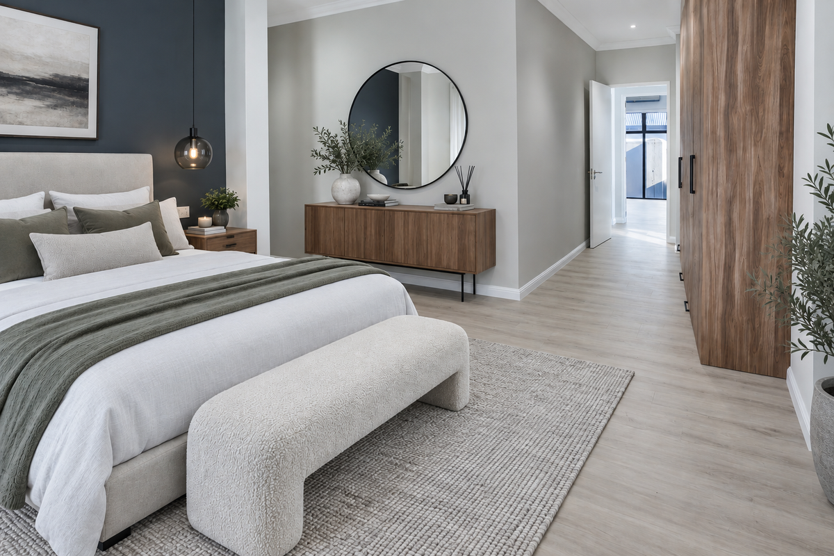 A modern, well-appointed bedroom featuring light wood-look flooring, built-in timber cabinetry, and a neutral color palette with a feature wall.