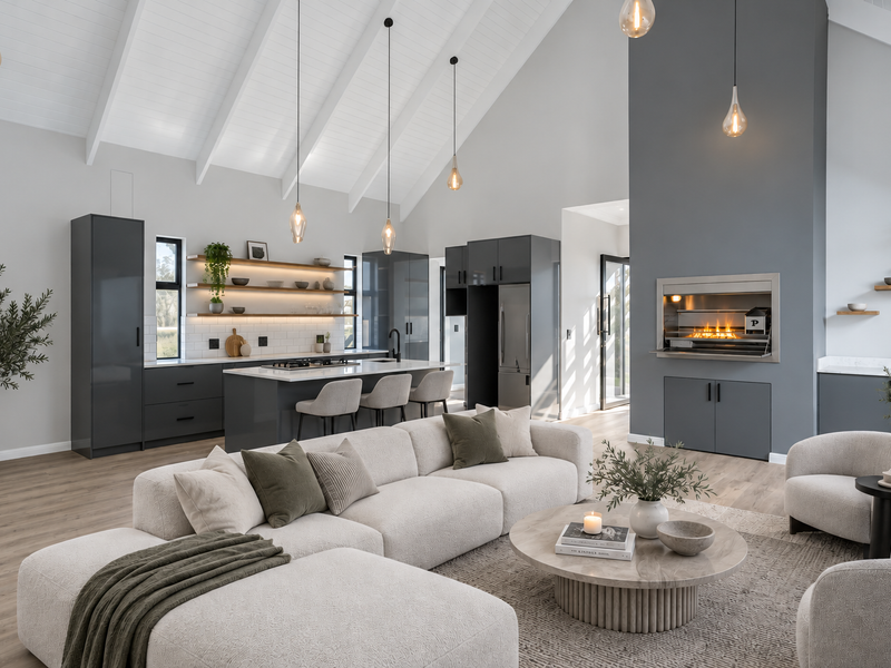 Spacious open-plan living area featuring a vaulted ceiling with exposed rafters, a modern kitchen with island, and a built-in fireplace.