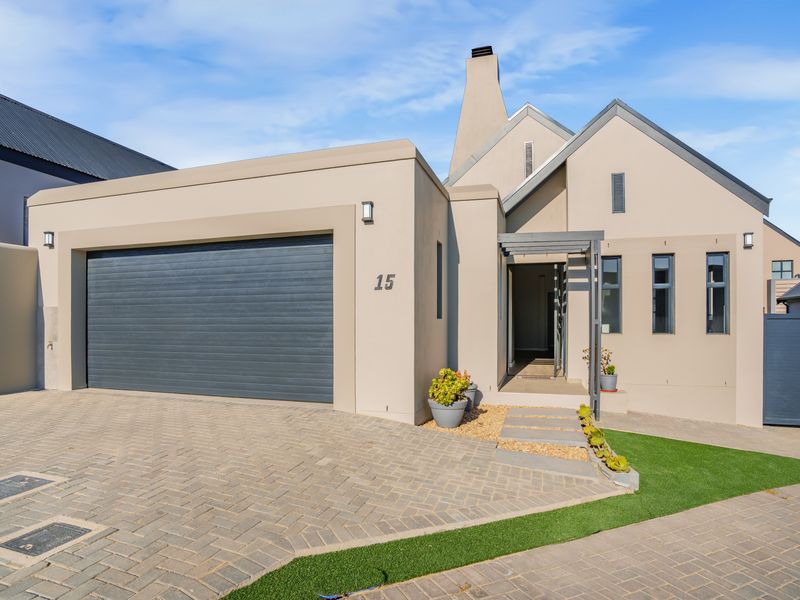Modern front elevation featuring a paved driveway, double garage, and a clean, contemporary architectural design with a prominent chimney.