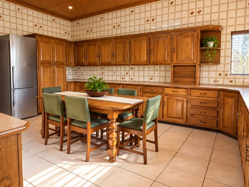 Spacious kitchen featuring extensive wooden cabinetry, laminate countertops, double stainless steel sink, built-in hob, and traditional tiled wall finishes.
