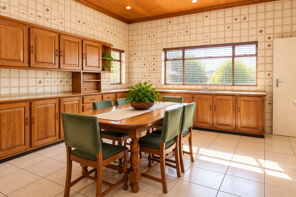 Spacious kitchen featuring extensive timber cabinetry, tiled splashbacks, a double wall oven, and a dedicated dining area with tiled flooring.