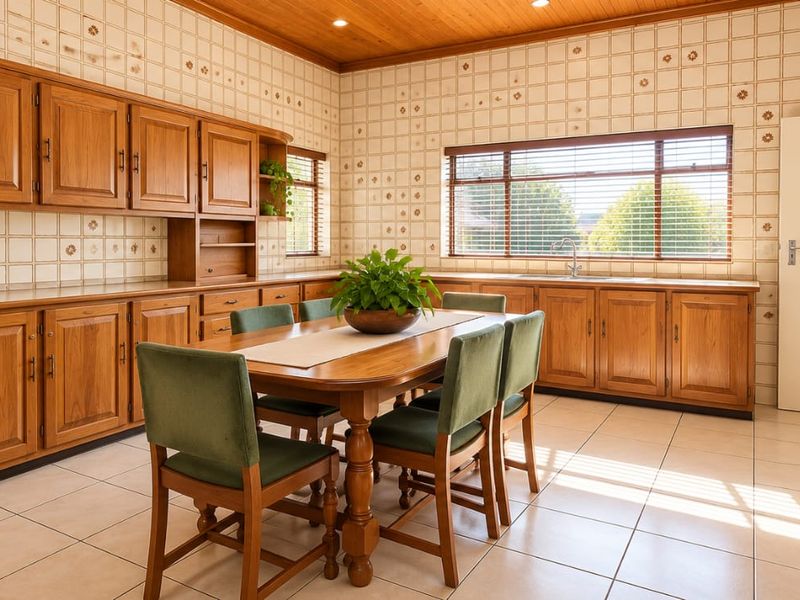 Spacious kitchen featuring extensive timber cabinetry, tiled splashbacks, a double wall oven, and a dedicated dining area with tiled flooring.