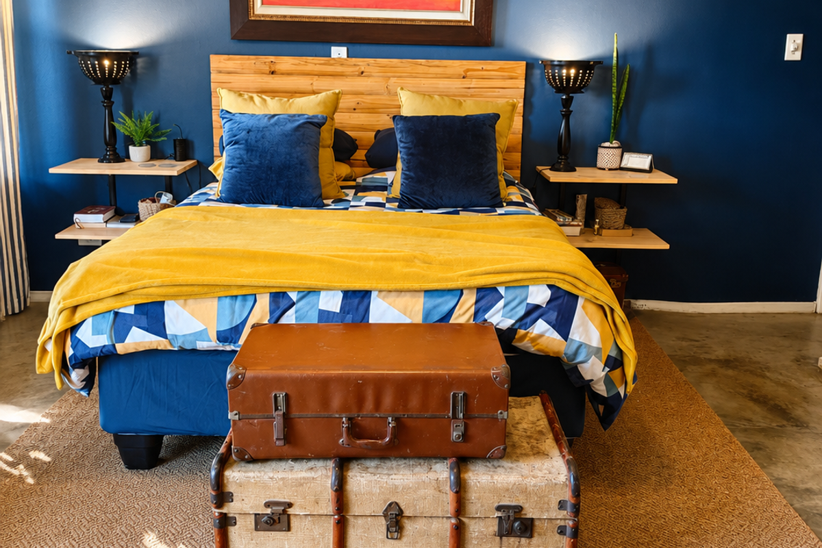 A well-maintained bedroom featuring polished concrete floors, a bold navy accent wall, and custom built-in bedside shelving units.