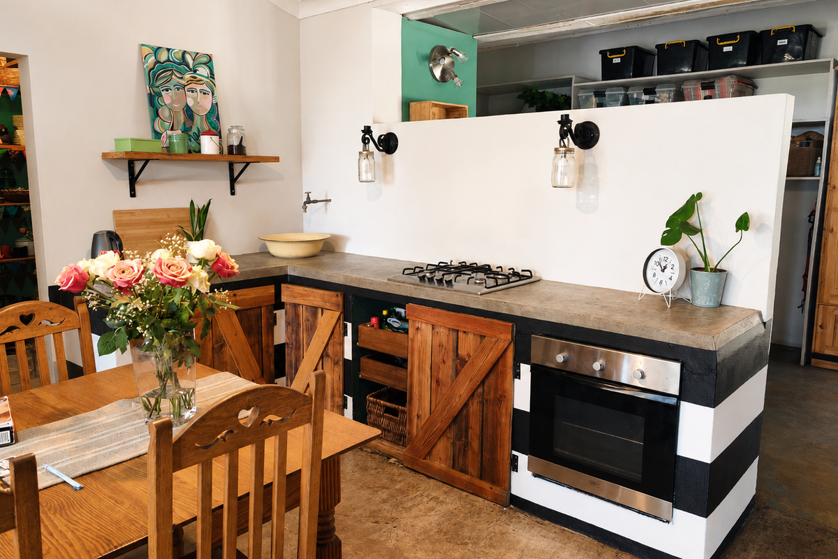 A rustic-style kitchen featuring a gas hob, built-in oven, concrete countertops, and custom wooden cabinetry with a unique black and white striped base.