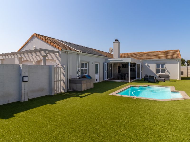 Rear exterior view featuring a swimming pool, artificial lawn, covered patio area, and a well-maintained single-story house facade.