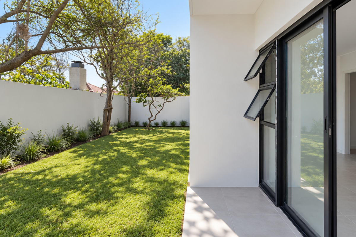 A well-maintained rear garden featuring a manicured lawn, boundary wall, and a tiled patio area accessible through modern sliding glass doors.