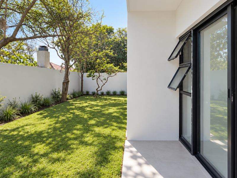 A well-maintained rear garden featuring a manicured lawn, boundary wall, and a tiled patio area accessible through modern sliding glass doors.