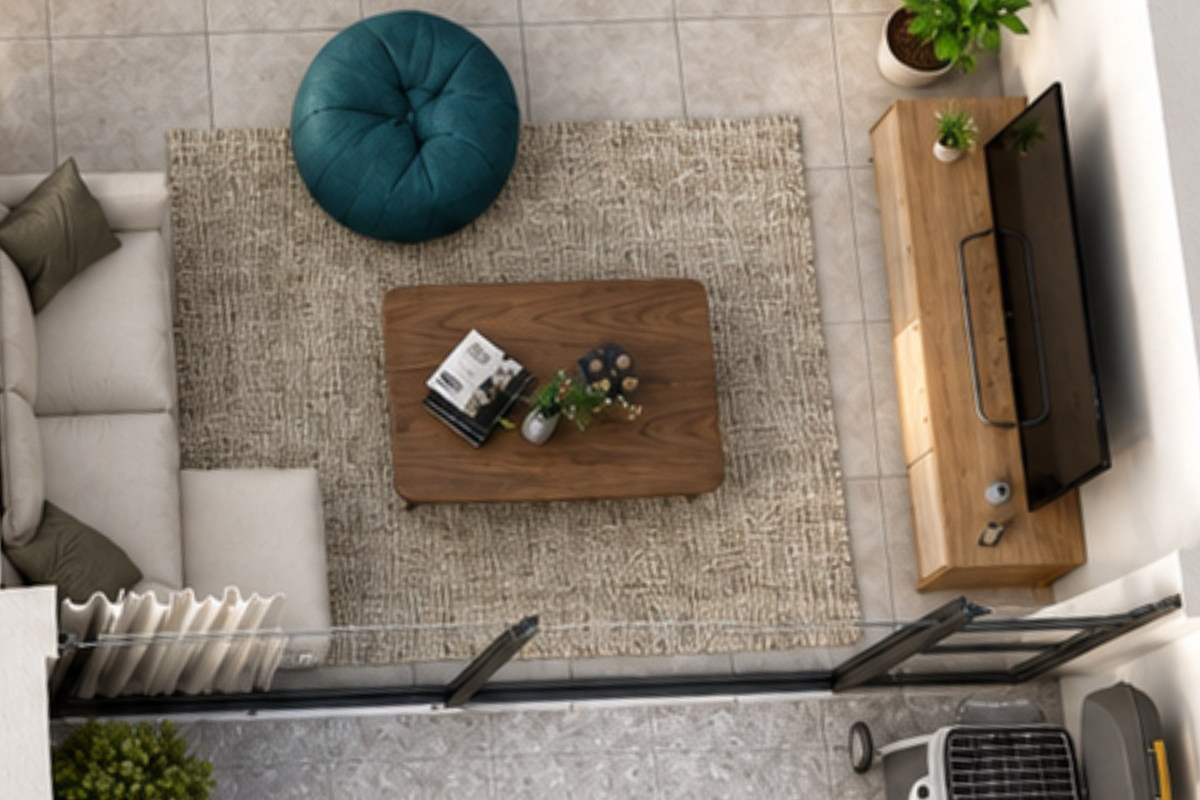 An overhead view of a modern living room featuring tiled flooring and large sliding glass doors leading to an outdoor area.