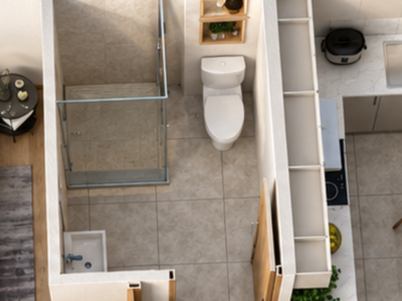 An overhead view of an open-plan apartment layout featuring a modern bathroom with a glass shower, toilet, and basin, adjacent to a compact kitchen area.