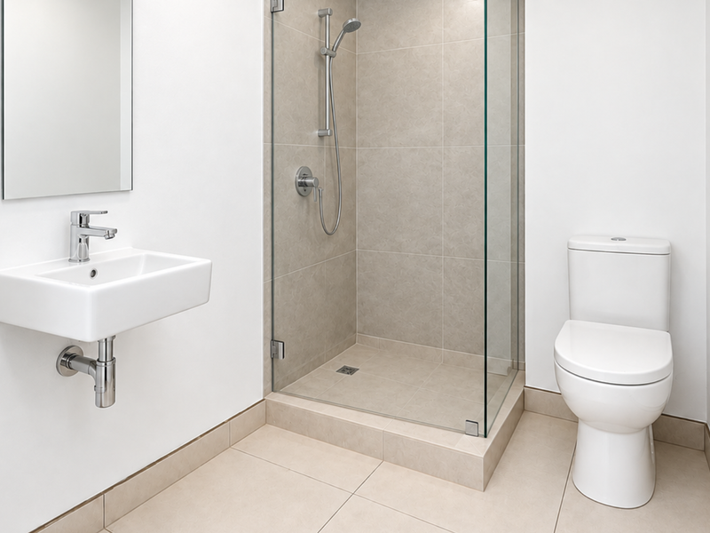 A modern, clean bathroom featuring a wall-mounted basin, a glass-enclosed shower with neutral tiling, and a standard toilet.