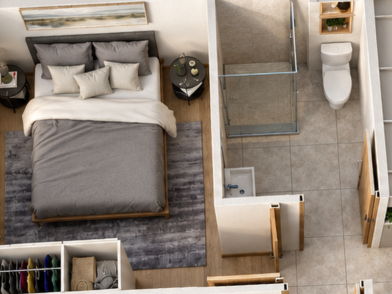 An overhead 3D floor plan view showing a bedroom with an en-suite bathroom and an adjacent kitchen area.