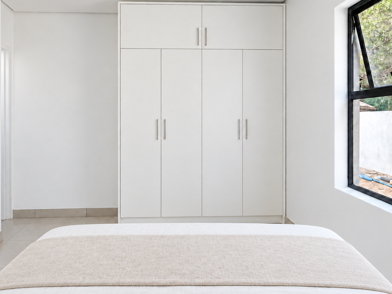 A bright, modern bedroom featuring clean white walls, neutral tiled flooring, and a large built-in wardrobe with sleek hardware.