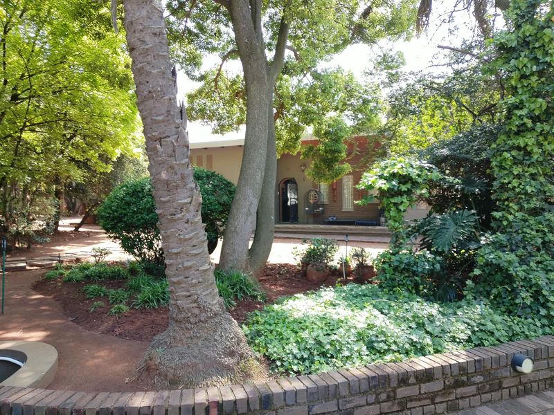 A view of the rear garden featuring mature trees, landscaped beds, a brick retaining wall, and a paved patio area leading to the house entrance.