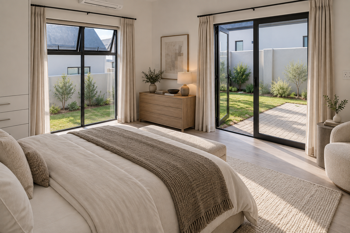 Bright and modern bedroom featuring high-quality laminate flooring, split-system air conditioning, and large black-framed glass doors providing direct access to the rear garden.