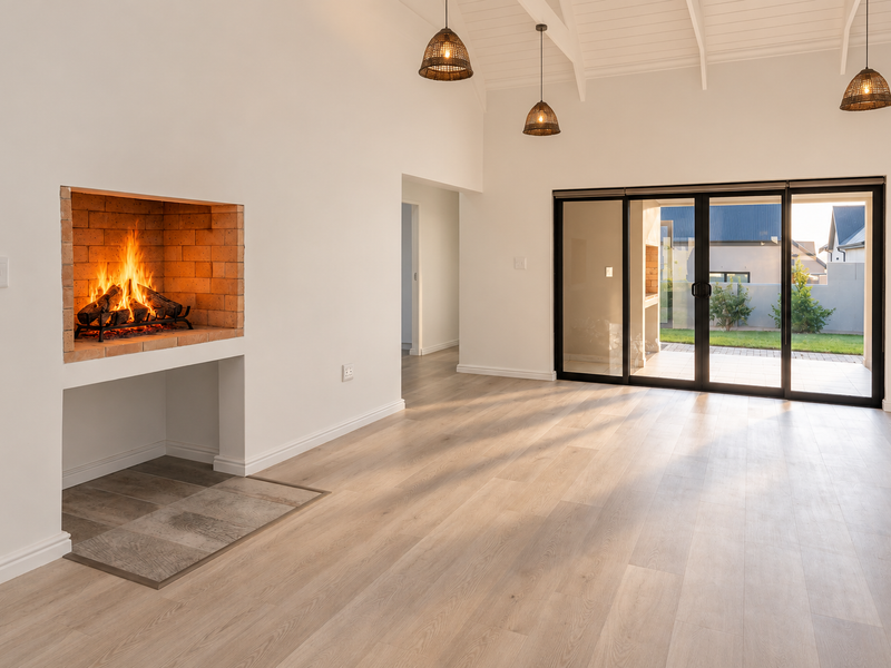 Spacious living room featuring a built-in brick fireplace, vaulted ceilings, modern laminate flooring, and large sliding glass doors opening to the patio.