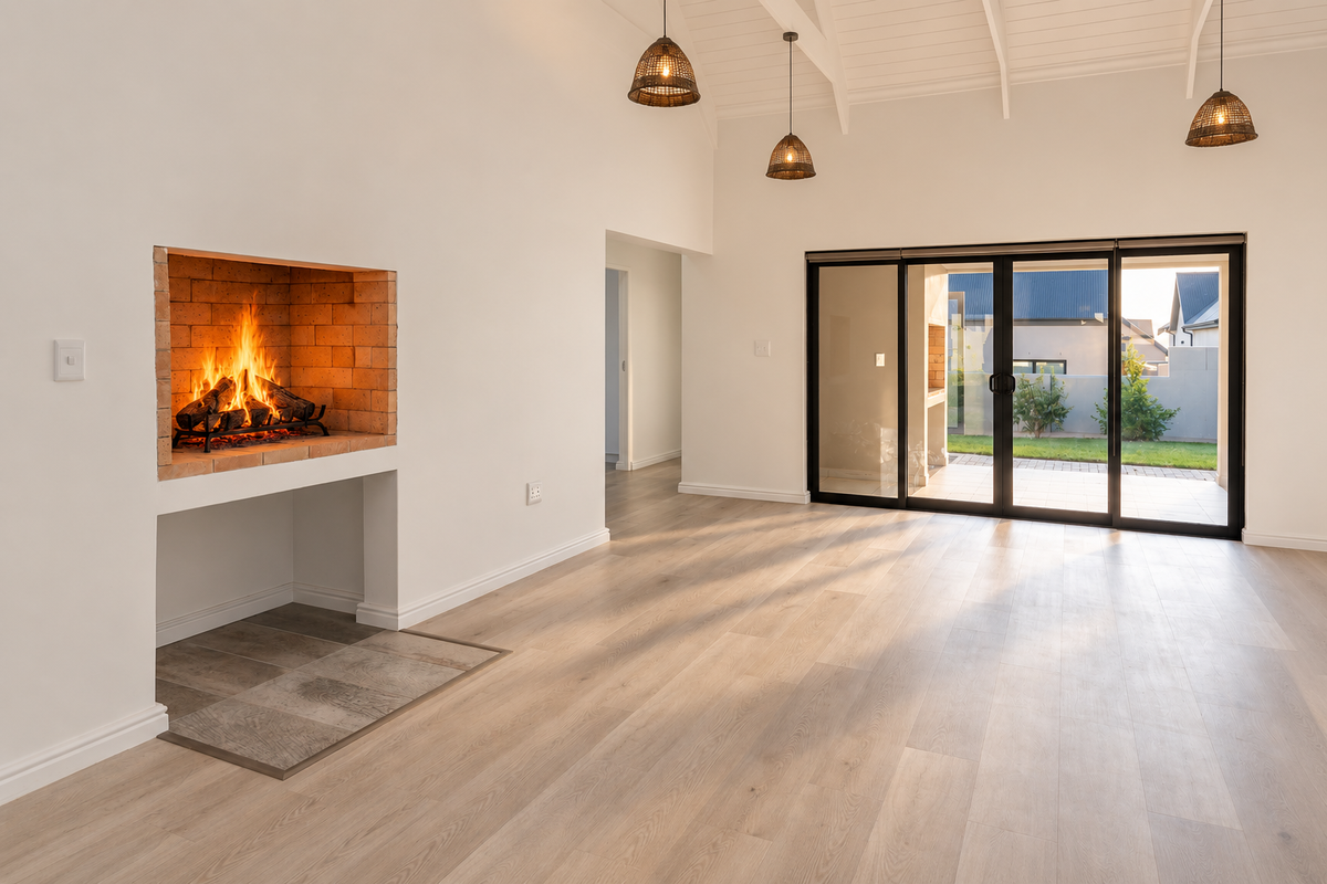 Spacious living room featuring a built-in brick fireplace, vaulted ceilings, modern laminate flooring, and large sliding glass doors opening to the patio.