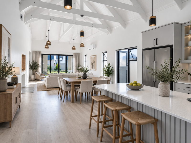 Spacious open-plan living area featuring a modern kitchen with island, vaulted ceilings with exposed trusses, and seamless flow to the outdoor patio.