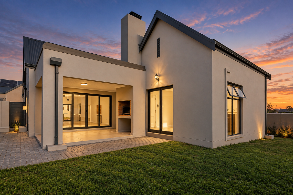 Modern rear elevation featuring a covered patio with a built-in braai, paved outdoor area, and well-maintained lawn at sunset.