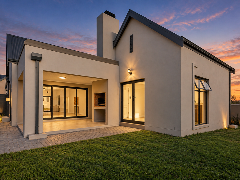 Modern rear elevation featuring a covered patio with a built-in braai, paved outdoor area, and well-maintained lawn at sunset.