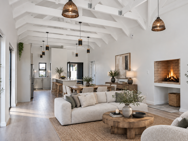 Spacious open-plan living area featuring high vaulted ceilings with exposed rafters, a built-in fireplace, and a modern kitchen with a central island.